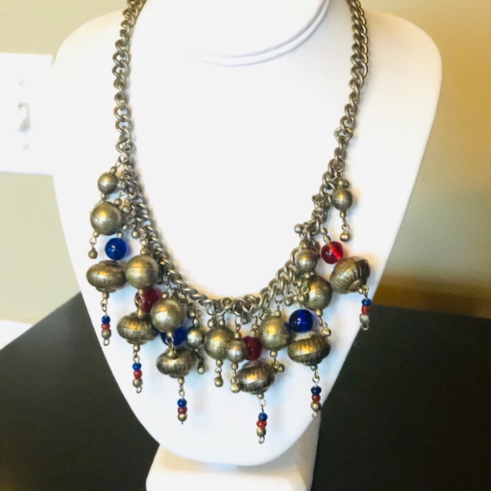 Vintage 1940s Brass and Colored Glass Big Necklace